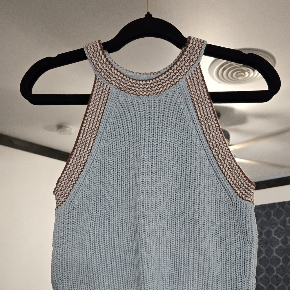 Madewell- Sleeveless Knit Halter Top in Light Blue with Brown Trim
